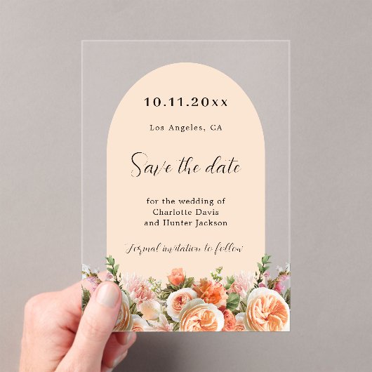 Orange pink floral arch wedding Save the Date Card アクリル招待状 (インサイチュ (ポータブル))