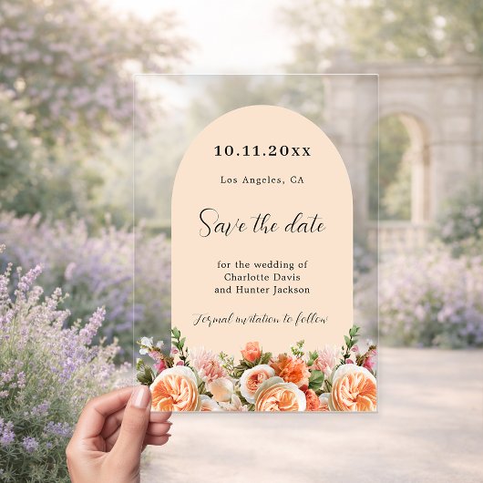 Orange pink floral arch wedding Save the Date Card アクリル招待状