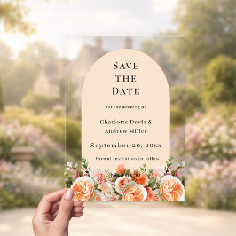 Orange pink floral wedding arac Save the Date Card アクリル招待状