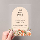 Orange pink floral wedding arac Save the Date Card アクリル招待状 (インサイチュ (ポータブル))