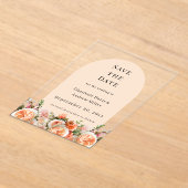 Orange pink floral wedding arac Save the Date Card アクリル招待状 (レイダウン)