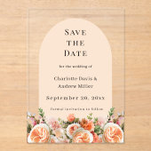 Orange pink floral wedding arac Save the Date Card アクリル招待状 (正面)