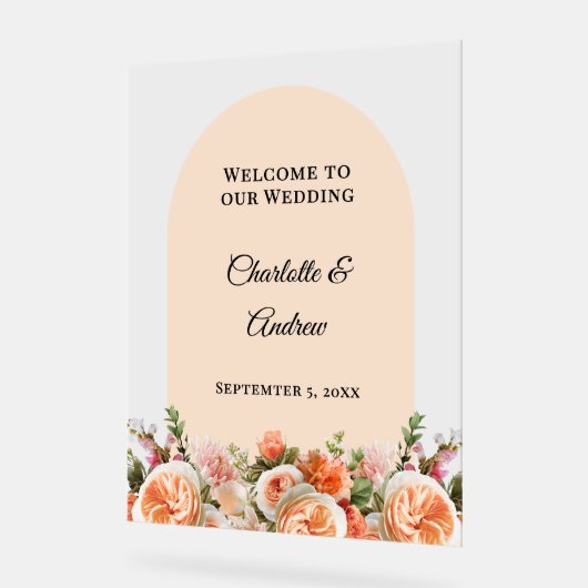 Orange pink florals arch clear wedding welcome アクリルサイン (傾斜)