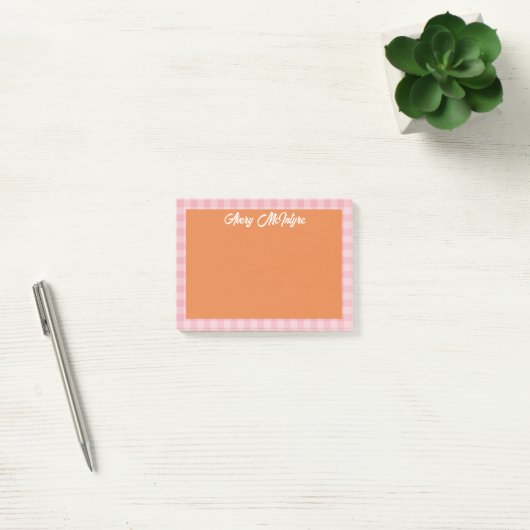 Orange Pink Gingham Border Name In Cool Script ポストイット (オフィス)