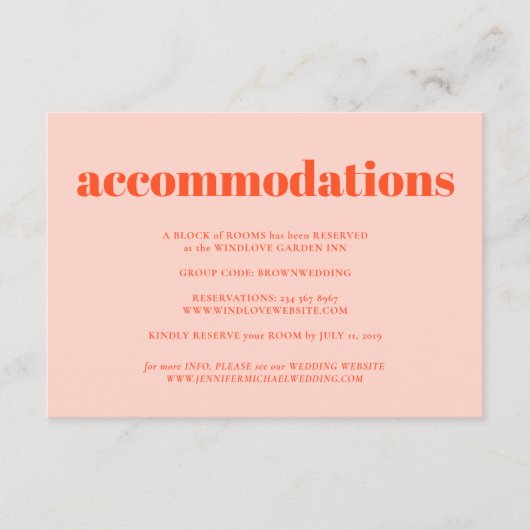 Orange Pink Minimalist Wedding Accommodations エンクロージャーカード (正面)