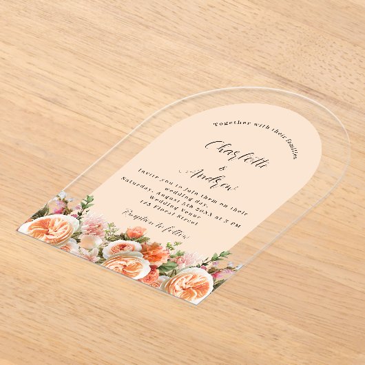 Orange pink peach florals arch clear wedding アクリル招待状 (レイダウン)