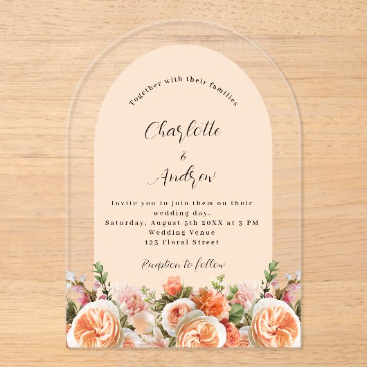 Orange pink peach florals arch clear wedding アクリル招待状 (正面)