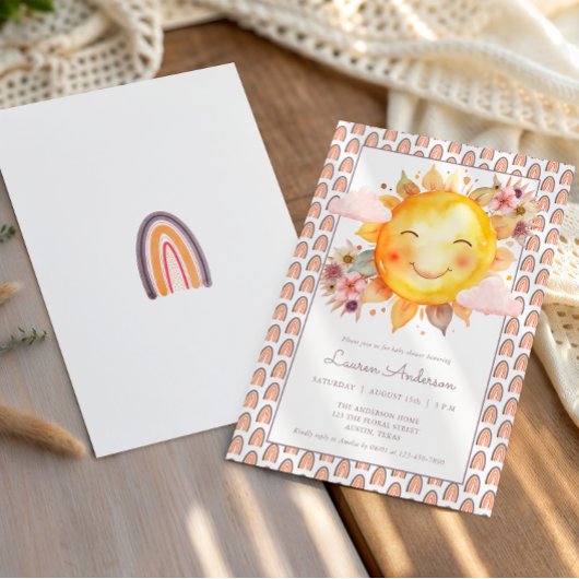 Orange Pink Rainbow Floral Boho Sun Baby Shower 招待状