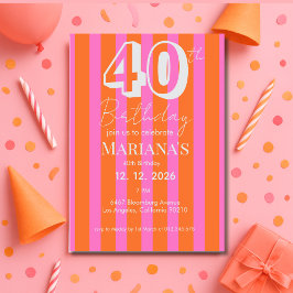  Orange Pink Stripes Modern Scripted Birthday  招待状
