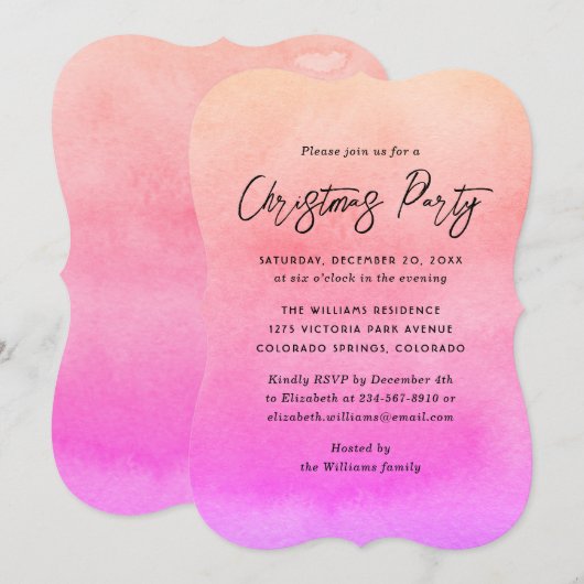 Orange Pink Watercolor Christmas Party 招待状 (正面/裏面)