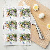 orange, pink, yellow, and blue flowers pattern キッチンタオル (四つ折り)