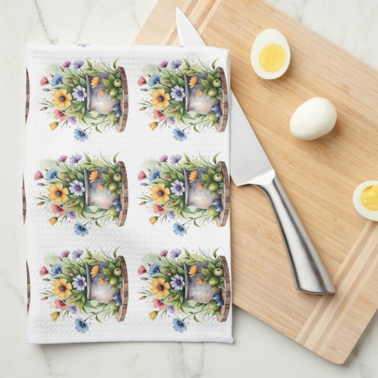 orange, pink, yellow, and blue flowers pattern キッチンタオル (四つ折り)