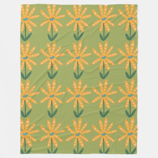 Orange polka dot flowers フリースブランケット (正面)