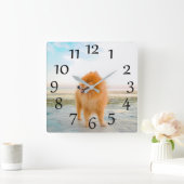 Orange Pomeranian on the Beach Wall Clock スクエア壁時計 (ホーム)