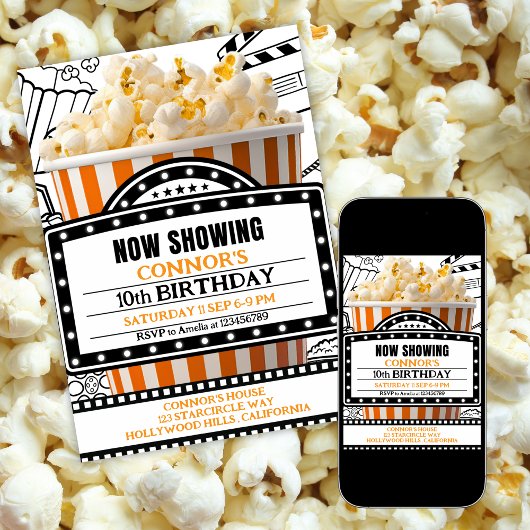 Orange Popcorn Movie Night Party Invitation 招待状