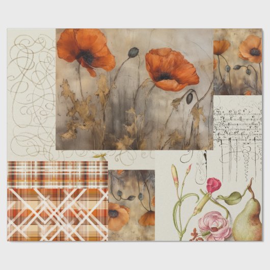 Orange Poppies & Plaid for DecopageまたはGiftwrap ラッピングペーパー (フラット)
