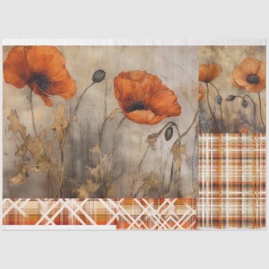 Orange Poppies & Plaid for DecopageまたはGiftwrap 薄葉紙 (正面)