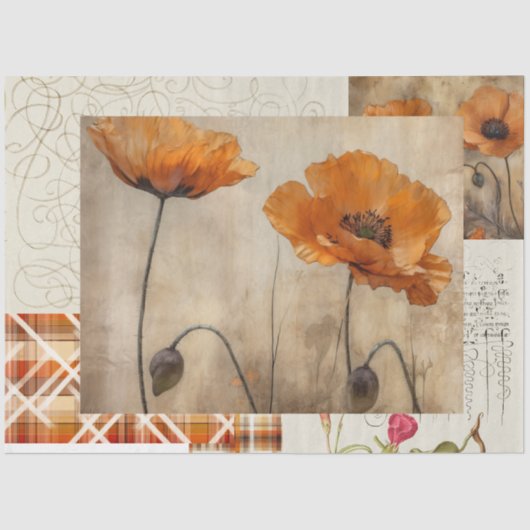 Orange Poppies & Plaid for DecopageまたはGiftwrap 薄葉紙 (正面)
