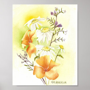 orange poppies, white daisies and purple sweetpeas ポスター