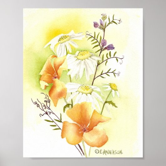 orange poppies, white daisies and purple sweetpeas ポスター (正面)
