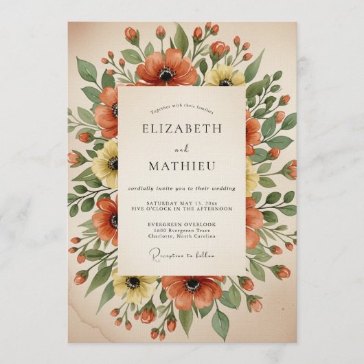 Orange Poppy Painterly Flourish Wedding 招待状 (正面)
