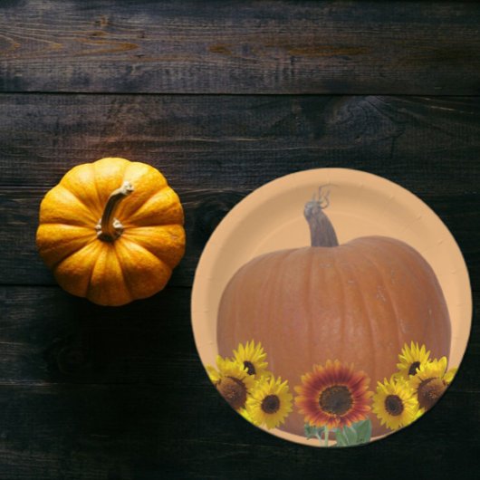 Orange Pumpkin and Sunflowers Thanksgiving   ペーパープレート