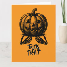 Orange Pumpkin Trick Or Treat Skull Hand Spooky カード