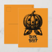 Orange Pumpkin Trick Or Treat Skull Hand Spooky シーズンポストカード (正面/裏面)