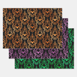Orange, Purple, and Green Bat Halloween Damask ラッピングペーパーシート