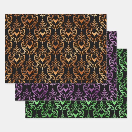 Orange, Purple, and Green Bat Halloween Damask ラッピングペーパーシート (セット)
