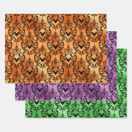 Orange, Purple, and Green Bat Halloween Damask ラッピングペーパーシート