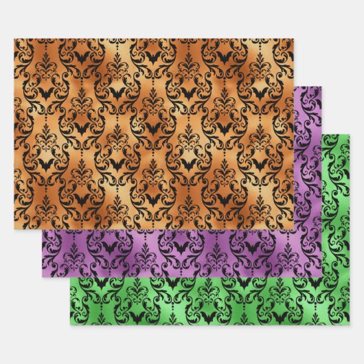 Orange, Purple, and Green Bat Halloween Damask ラッピングペーパーシート (セット)