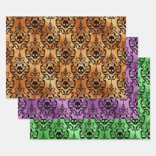 Orange, Purple, and Green Skull Halloween Damask ラッピングペーパーシート (セット)