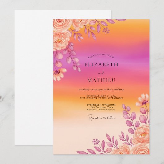 Orange Radiant Sunset Summer Wedding 招待状 (正面/裏面)