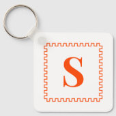 Orange Red and White Preppy Square Border Monogram キーホルダー (正面)