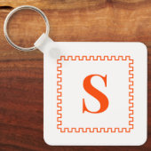 Orange Red and White Preppy Square Border Monogram キーホルダー (正面)