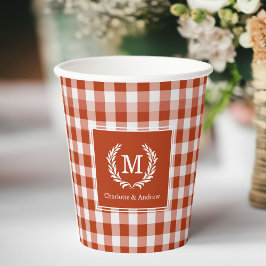 Orange-Red Gingham Monogram Crest Custom 紙コップ