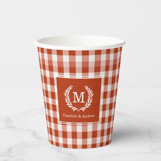 Orange-Red Gingham Monogram Crest Custom 紙コップ (正面)
