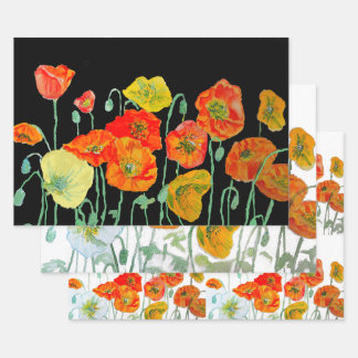 Orange Red Poppy Flower Pattern Watercolor ラッピングペーパーシート