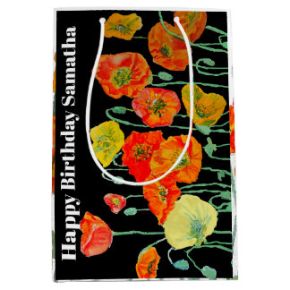 Orange Red Poppy Flower Watercolor Womans BIrthday ミディアムペーパーバッグ
