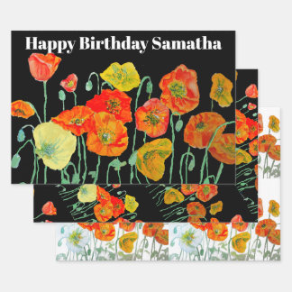 Orange Red Poppy Flower Watercolor Womans BIrthday ラッピングペーパーシート