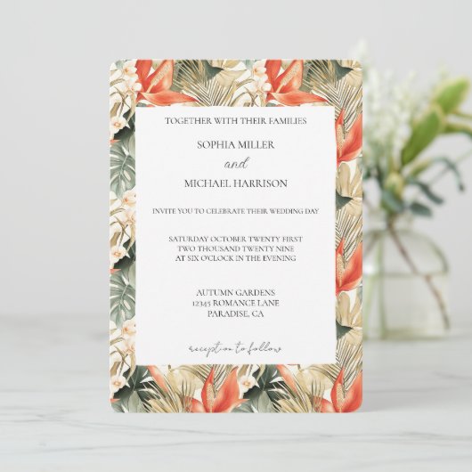 Orange Red Tropical Jungle Floral Wedding 招待状 (スタンド正面)