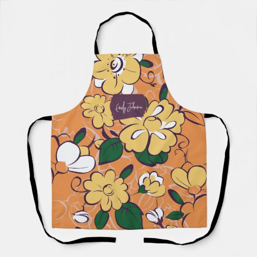 Orange Retro Botanical Yellow Flowers Custom Name エプロン (正面)