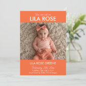 Orange Retro Bow Photo Birth Announcement Card 招待状 (スタンド正面)