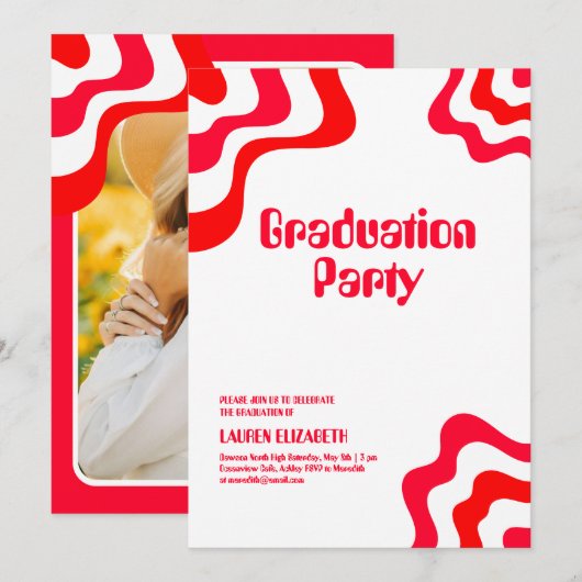 Orange Retro Groovy Photo Graduation 招待状 (正面/裏面)