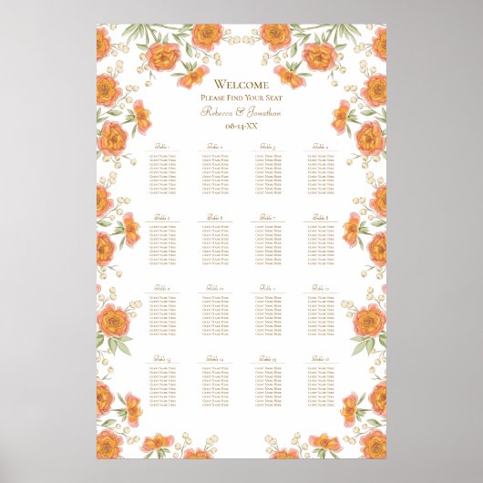 Orange Rose Wedding Seating Chart ポスター (正面)