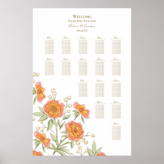 Orange Rose Wedding Seating Chart ポスター (正面)