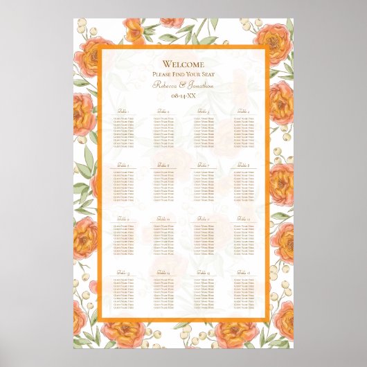 Orange Rose Wedding Seating Chart ポスター (正面)