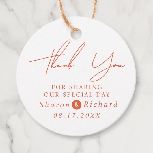 Orange script calligraphy Thank You fall wedding フェイバータグ (正面)