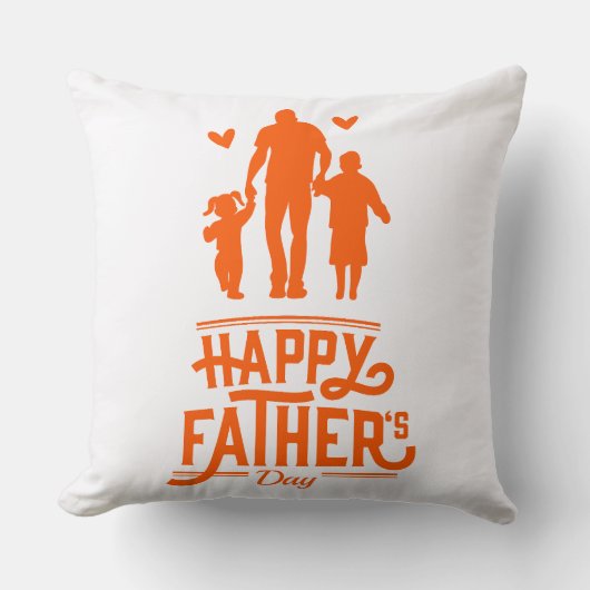 Orange Silhouette Dad Two Kids Hearts クッション (正面)